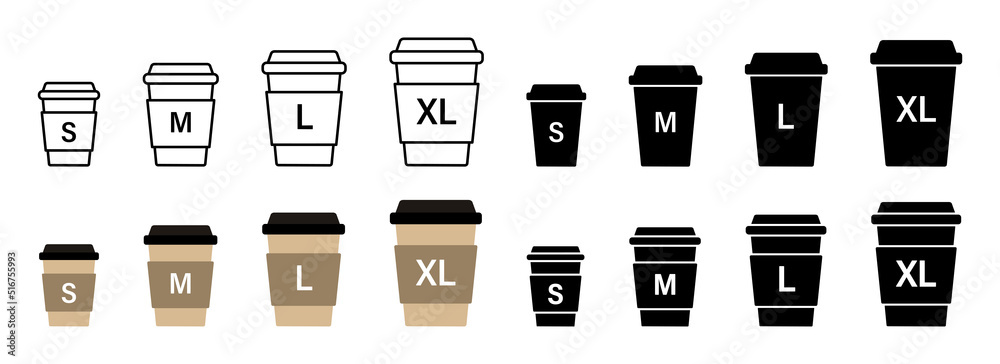 Paper coffee cup size collection. Small, medium and large take away drink  set Stock Vector