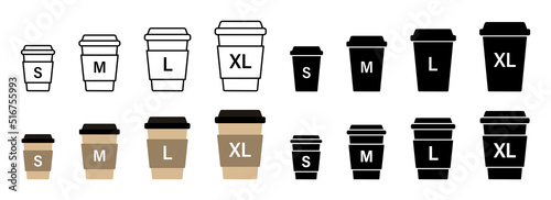 Paper coffee cup size collection. Small, medium and large take away drink set