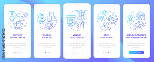 Sourcing strategies in procurement blue gradient onboarding mobile app screen. Walkthrough 5 steps graphic instructions with linear concepts. UI, UX, GUI template. Myriad Pro-Bold, Regular fonts used