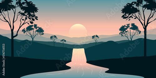 beautiful jungle landscape waterfall river and mountain view at sunset