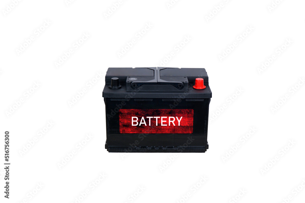 Isolated generic black battery with a red label on a white background Isolated generic black battery with a red label on a white background