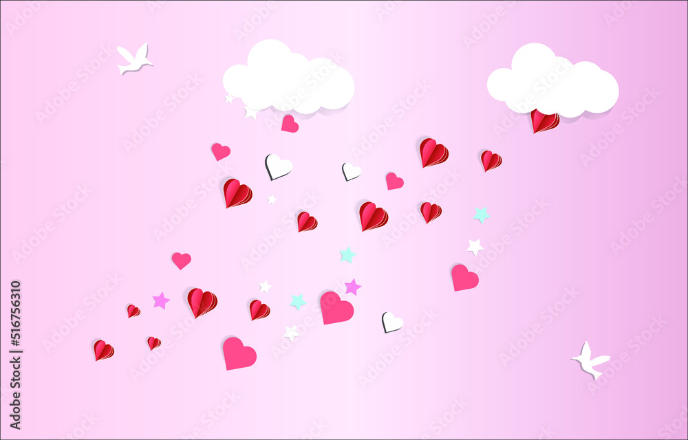 heart rain Illustration of love and valentine's day; paper heart shaped flying in the sky; open paper heart and small hearts floating in the sky with paper art and digital craft patterns.