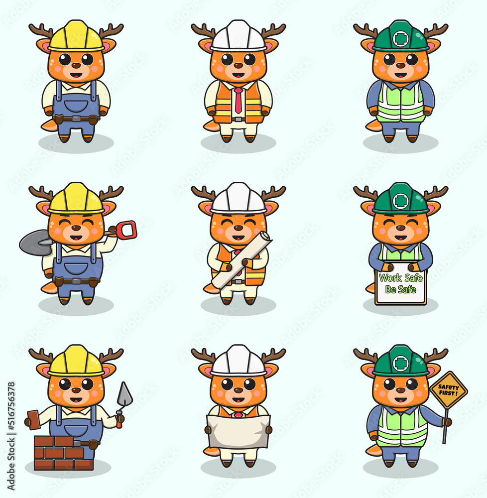 Obraz premium Vector illustration of Deer worker, builder, laborer cartoon. Cute Deer engineers workers, builders characters isolated cartoon illustration. Vector illustration on white background