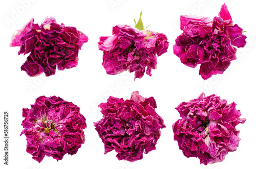 Collection of dry rose buds isolated on white background, top view. Dry red rose buds isolated on white background, top view. Rose flower tea. Herbal tea made from dried rose flowers. © aneriksson