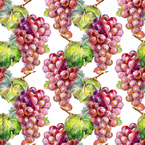 Vine seamless pattern for package design. Watercolor background with grape berries and leaves.