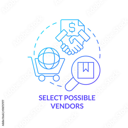 Select possible vendors blue gradient concept icon. Basic procurement step abstract idea thin line illustration. Choose supplier. Required products. Isolated outline drawing. Myriad Pro-Bold font used