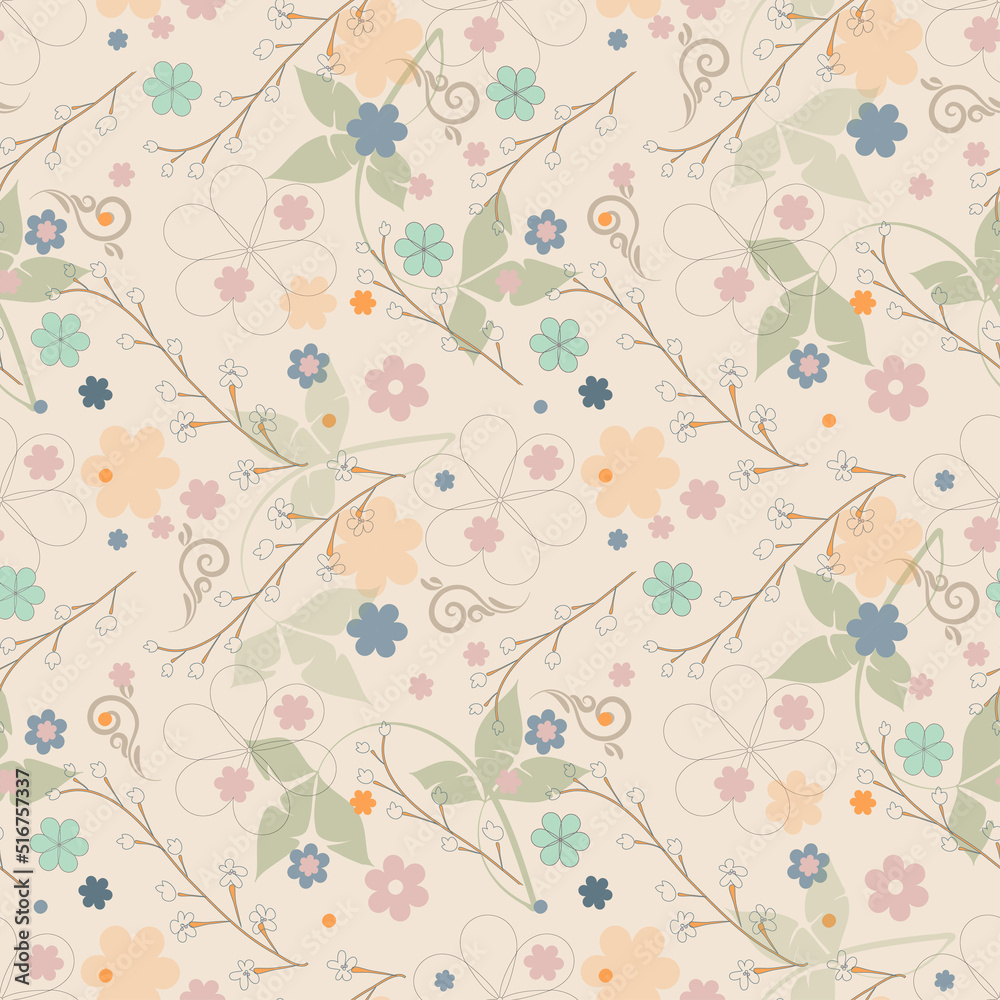 Vector seamless floral cute pattern for wallpaper, fabric, wrapping paper. Light pastel background. Vector seamless floral cute pattern for wallpaper, fabric, wrapping paper. Light pastel background.