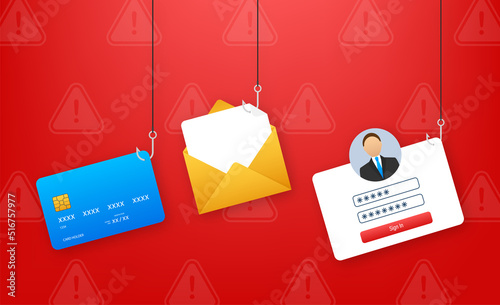 Data Phishing with fishing hook, mobile phone, internet security. Vector stock illustration.