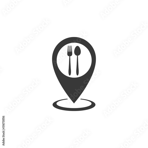 Lunch point icon, location restaurant or caffe, pin on map for eat, food on the road, cutlery