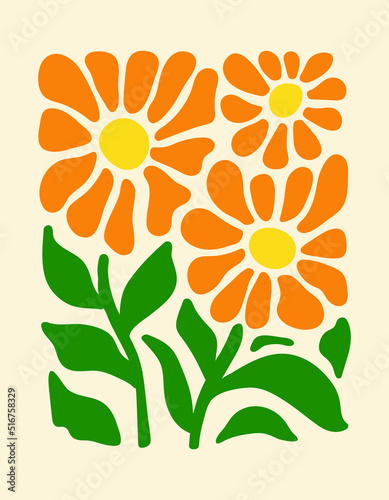 Abstract botanical poster with various blossom groovy flowers on a beige background. Naive art decor. Trendy hand drawn vector illustration