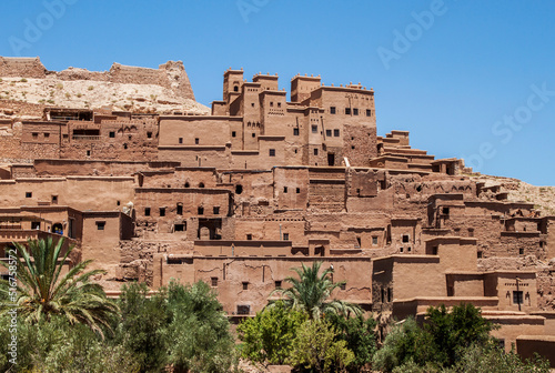 Ksar of Ait-Ben-Haddou, caravan route between the Sahara and Marrakech in Atlas Mountains, Ouarzazate Province, Morocco, Africa. Organic mud-built Berber village of merchants' houses known as kasbahs.