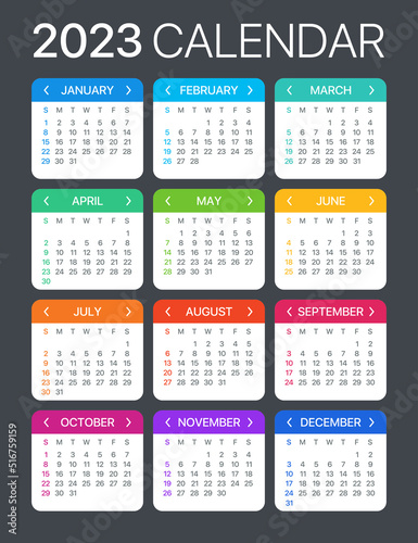 2023 Calendar - vector template graphic illustration - Sunday to Monday