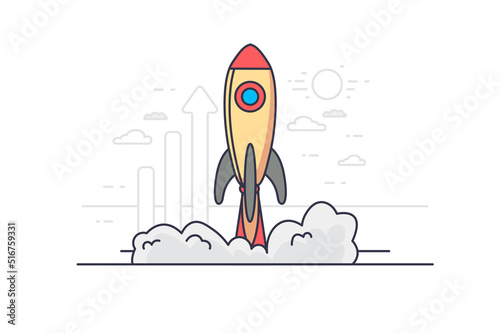 Startup concept in flat outline design. Starting and developing new business, success investments and entrepreneurship. Vector illustration with colorful line web scene with space rocket flies to sky