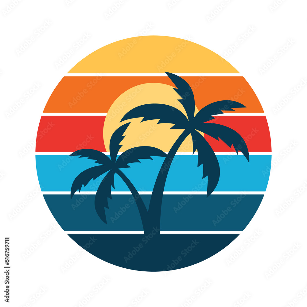 Palms and sunset retro badge. Vector illustration