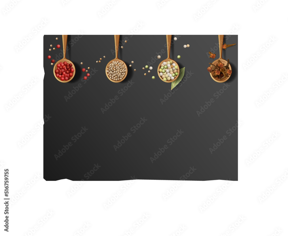 blackstone texture with a composition of wooden spoons. multi colored black, red and white pepper, coriander and sesame seeds, bay and coriander leaves, cloves. Vector realistic drawing blackstone texture with a composition of wooden spoons. multi colored black, red and white pepper, coriander and sesame seeds, bay and coriander leaves, cloves. Vector realistic drawing