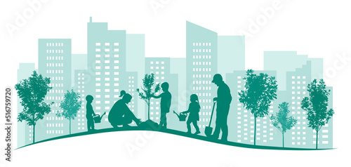 Green city. Planting trees by large family in yard, park. Landscaping of town. Vector illustration