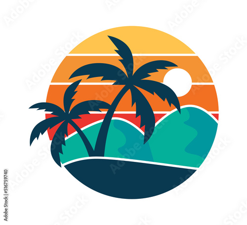 Palms beach round retro badge. Vector illustration photo