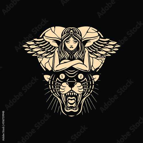 panther angel tattoo vector design