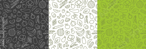 Food pattern. Seamless pattern of vegetables, fruits and berries in outline style, vector illustration. Collection
