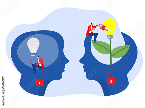 Big head human think growth mindset different fixed mindset concept vector