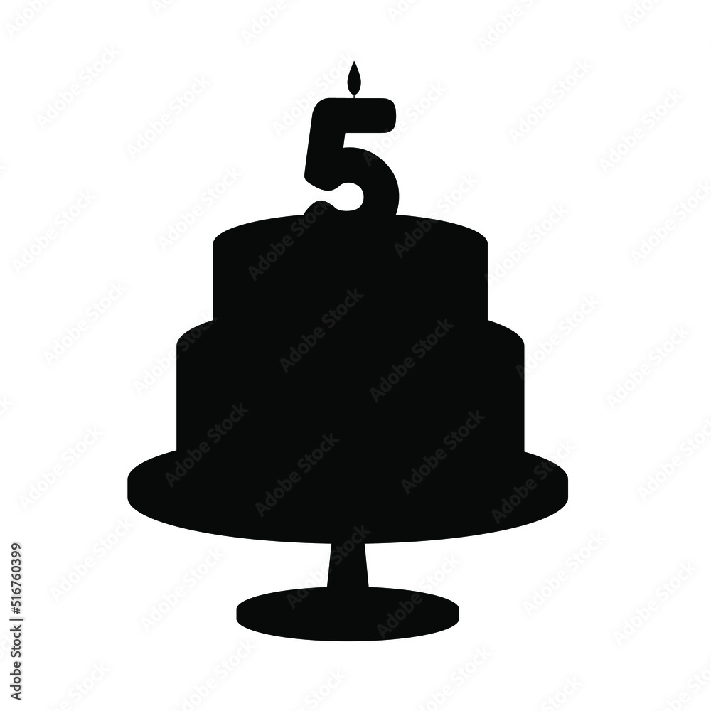 Obraz premium Festive silhouette cake with a candle of five years old. Vector illustration