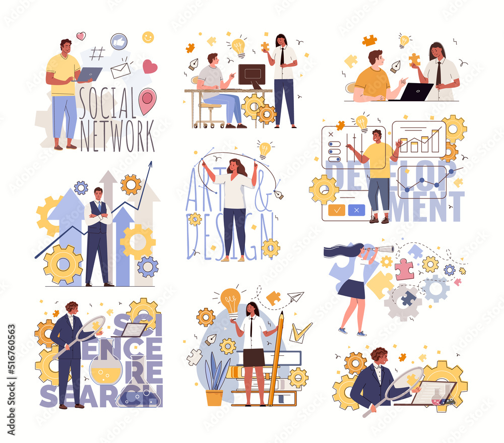 Set of business process concepts. Launch and development, ideas and success, analysis, creativity, technology and innovation. Creative, determined, courageous people, men and women Vector illustration