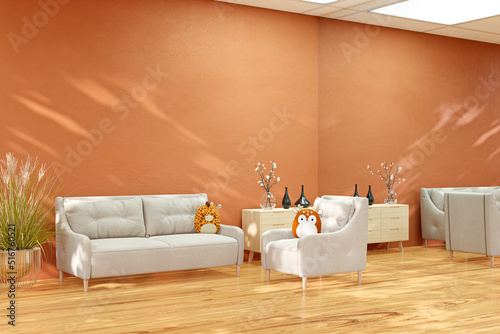 Interior of a living room with large wall mirror and terra cotta wall  3d rendered illustration.