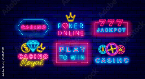 Casino neon signs collection. Play win in frame. Poker online. Glowing jackpot badge with seven. Vector illustration