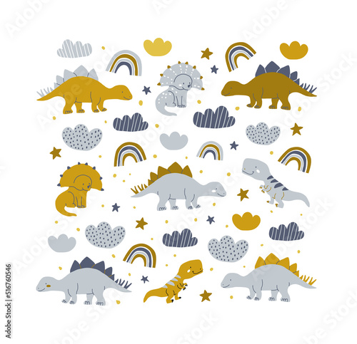 Poster spot illustration with dinosaurs  rainbows  clouds on white. Baby boy dino poster design