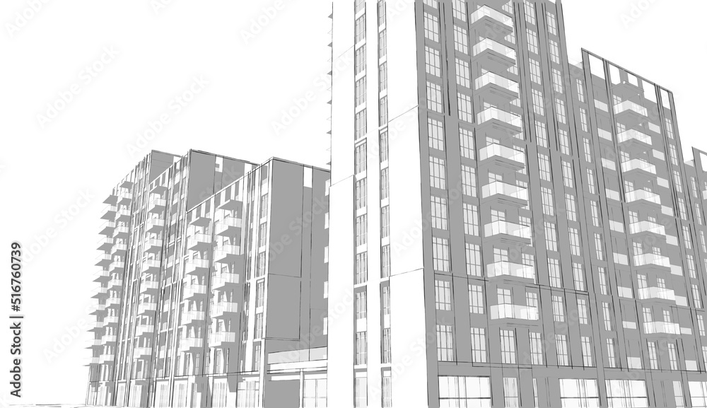 3d illustration of a dense residential blocks. Housing units with balconies in high-rise building. Shops on the ground floor. Image in black and white colors with shadows. 