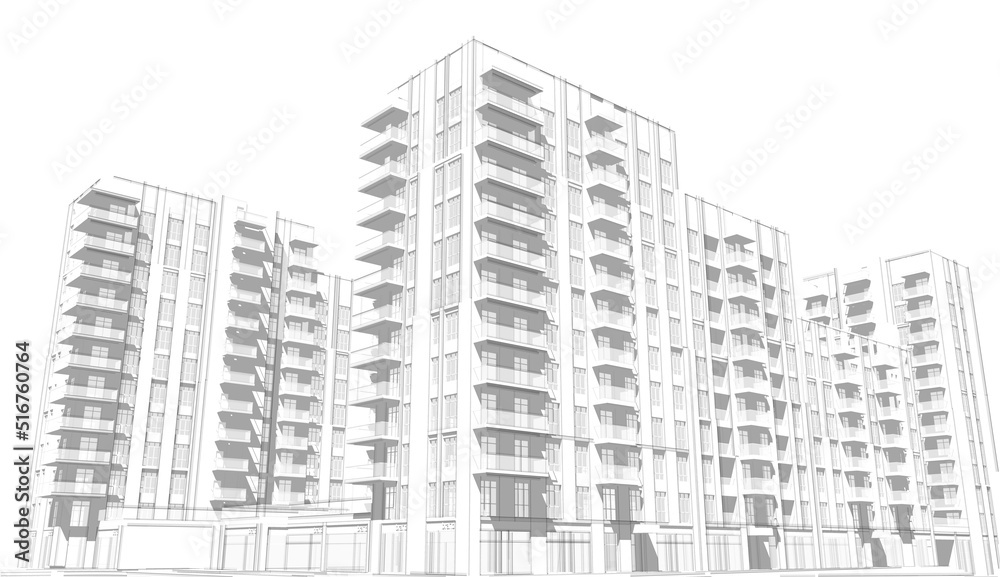 3d illustration of a dense residential blocks. Housing units with balconies in high-rise building complex. Retail units on the ground floor. Image in black and white colors with shadows. 