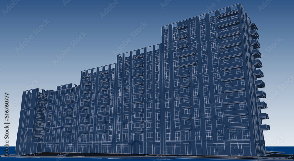 3d illustration of a dense residential blocks facade. Housing units with balconies in high-rise building. Shops on the ground floor. Elevation perspective in blueprint style. 