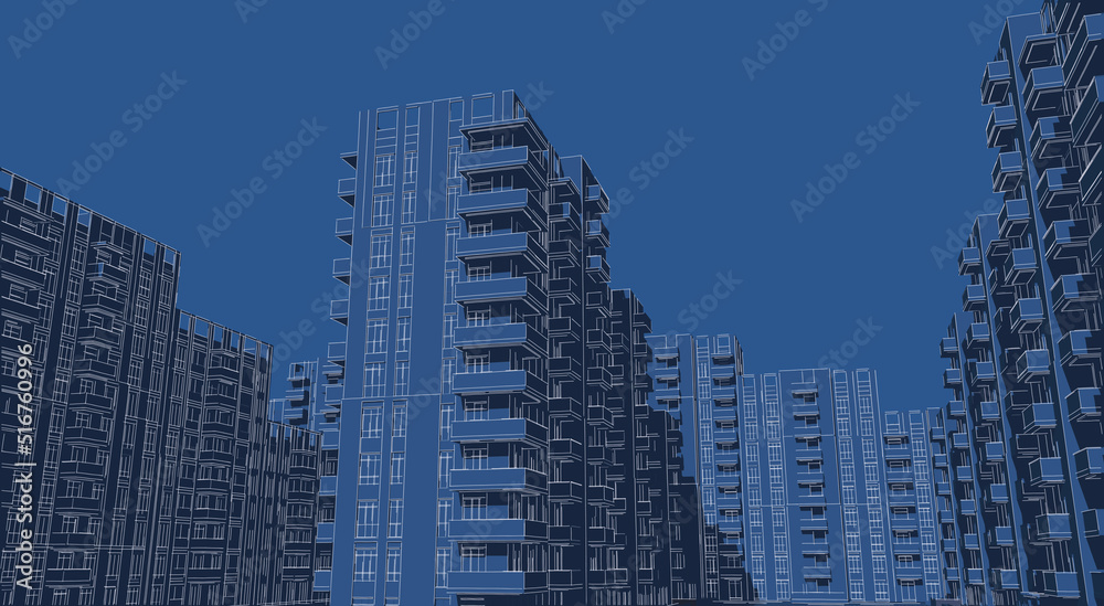 3d illustration of a crowded residential complex in a city. Homes with balconies in high-rise blocks.  Mass housing in a crowded neighborhood. Image in blueprint style. 