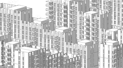 Partial 3d illustration drawing of a big residential complex. Closeup of a mass housing in a crowded neighborhood. Abstract monochrome image perspective with shadows.