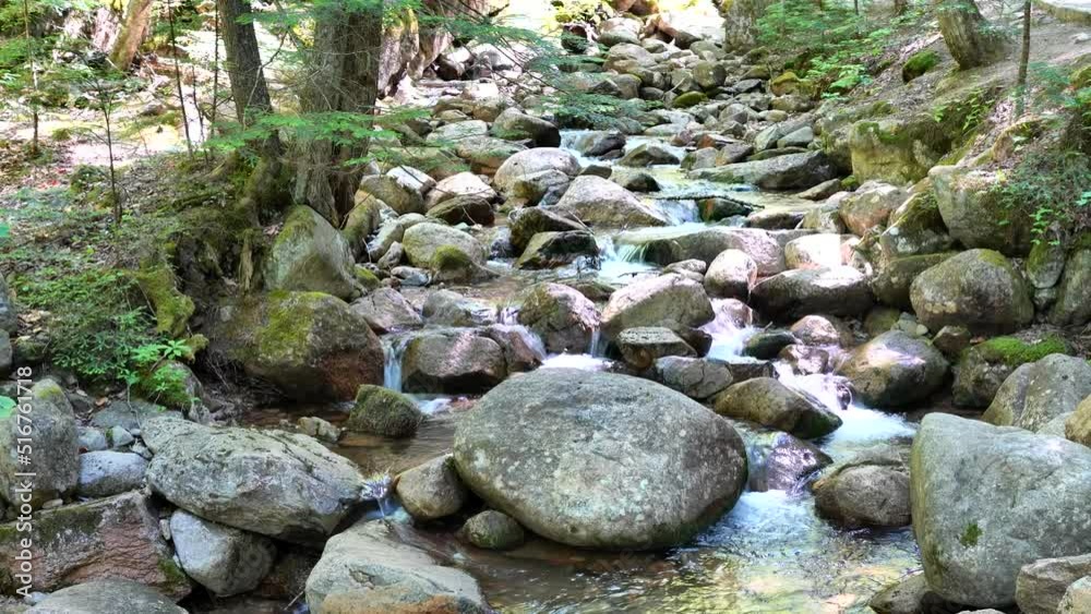 Slow pan down on a mountain stream in summer. High-quality 4k footage of a fast running stream on a warm sunny day Slow pan down on a mountain stream in summer. High-quality 4k footage of a fast running stream on a warm sunny day