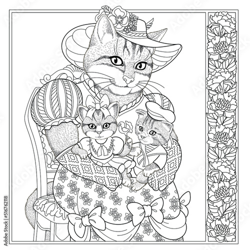 Cat animal portrait. Fairytale design, coloring book page for adults and kids © Sybirko