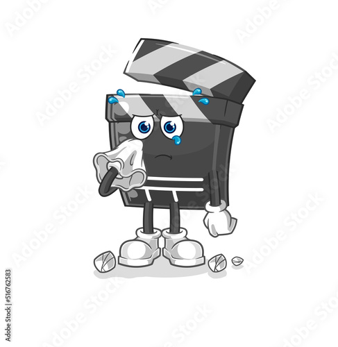 clapboard cry with a tissue. cartoon mascot vector