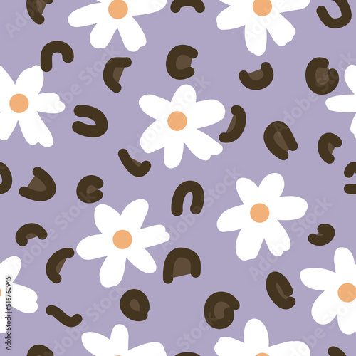 seamless flower pattern With daisies and brown abstraction on purple background. White flower vector.