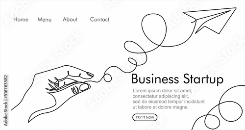 Continuous line drawing of hand launches into the sky  paper airplane. Vector business icon message illustration with quote template.