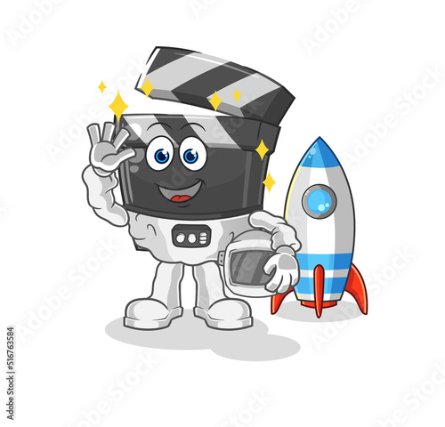 clapboard astronaut waving character. cartoon mascot vector