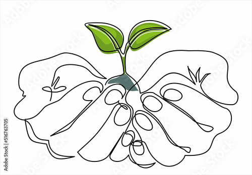 Single continuous line of hands holding  a plant. Concept of growing and love earth.