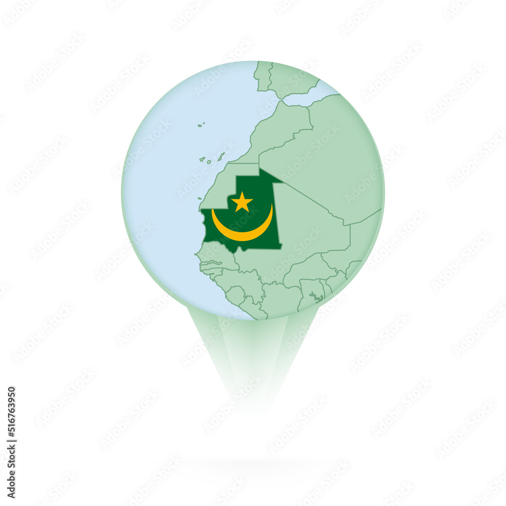 Mauritania map, stylish location icon with Mauritania map and flag. Mauritania map, stylish location icon with Mauritania map and flag.