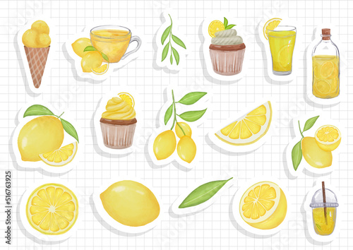 watercolor lemon sticker sheet. Vector illustration