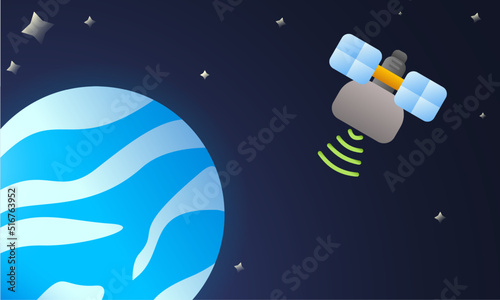 Illustration of a space communications satellite orbiting a planet