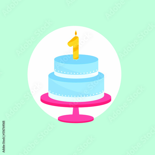 Holiday cake with a candle of age one. Vector illustration