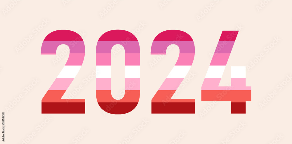 Happy New Year 2024. LGBTQ 2024 pride month with Lesbian flag colors. Vector symbol of pride month support Happy New Year 2024. LGBTQ 2024 pride month with Lesbian flag colors. Vector symbol of pride month support