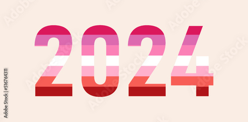 Happy New Year 2024. LGBTQ 2024 pride month with Lesbian flag colors. Vector symbol of pride month support