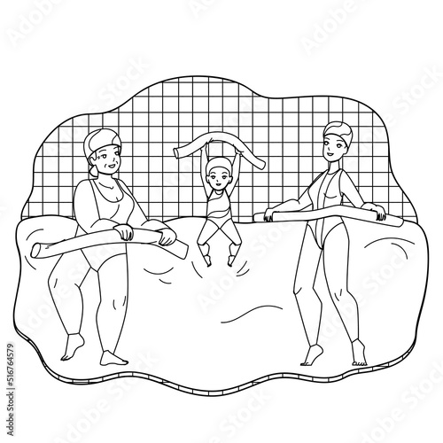 Aqua Aerobics Exercise Make Family Together Vector. Daughter, Mother And Grandmother Women Exercising Aqua Aerobics In Swimming Pool. Characters Sport Activity black line illustration