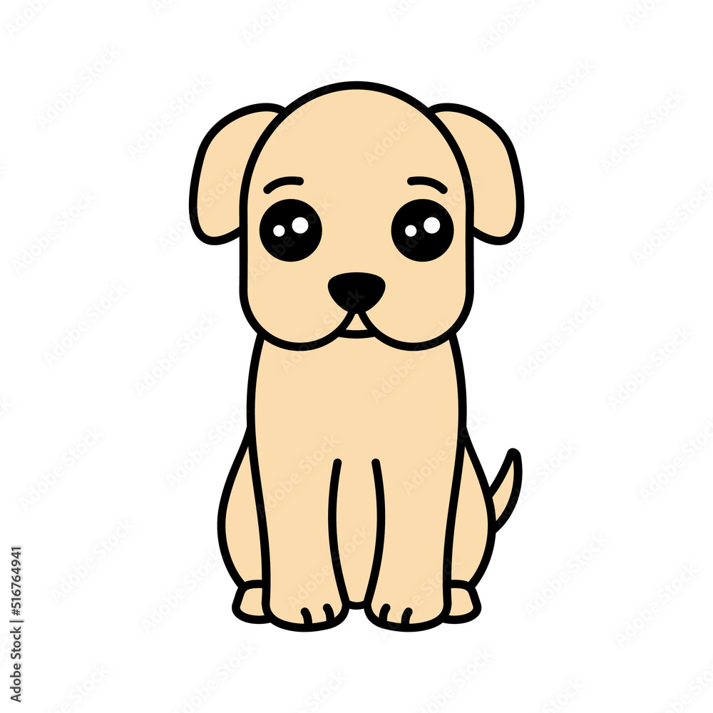 Cute labrador puppy sitting with outline. Little yellow dog with big eyes. Cartoon character. T shirt design element. Shy beige canine. Adopt a dog save life idea. Vector illustration, flat, clip art. Cute labrador puppy sitting with outline. Little yellow dog with big eyes. Cartoon character. T shirt design element. Shy beige canine. Adopt a dog save life idea. Vector illustration, flat, clip art.