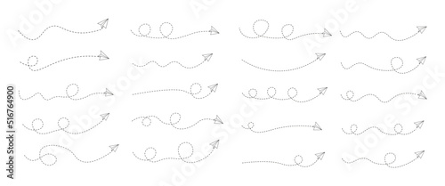 Set of dashed line paper airplane route